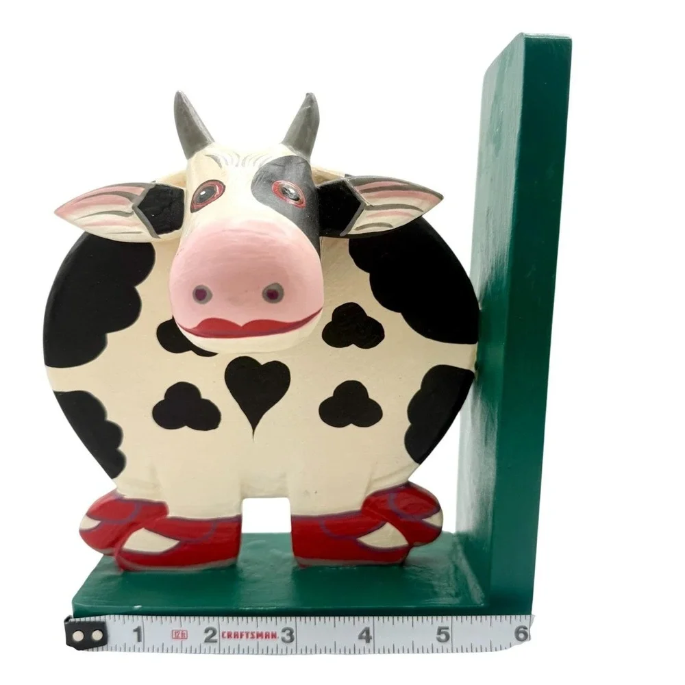 Vintage Folk Art Cow Bookends Handpainted Wood Lady Cows Pair Cottage Kitchen